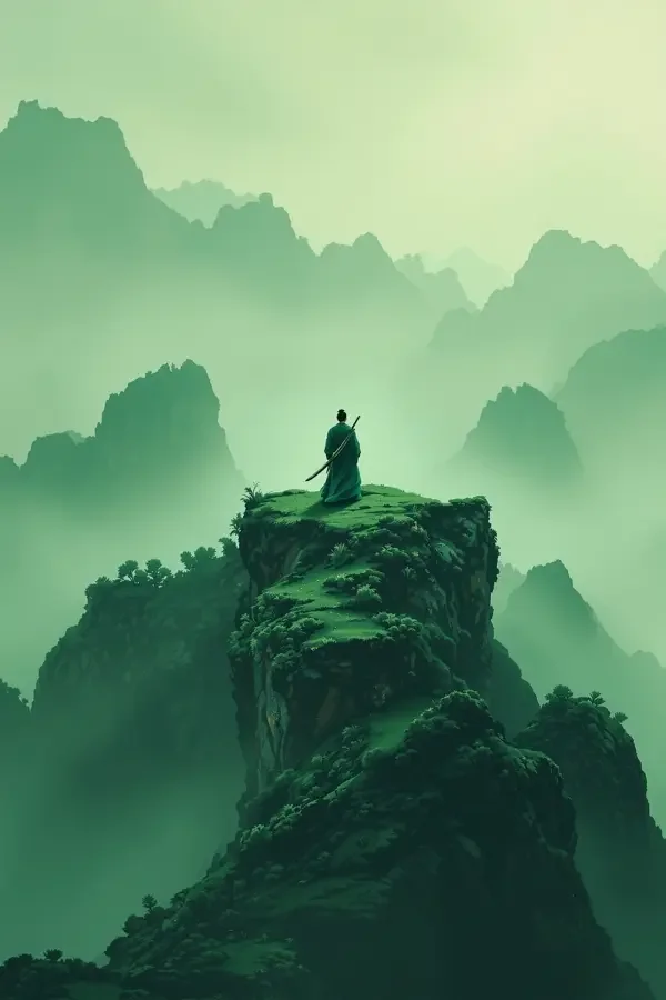 电影天堂场景示意：绿雾群山间一人站在凸出的岩脊上