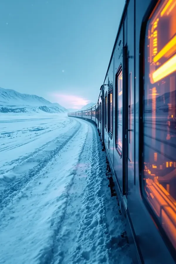 电影天堂场景示意：列车沿积雪地带弯向远方，车窗透出橙光