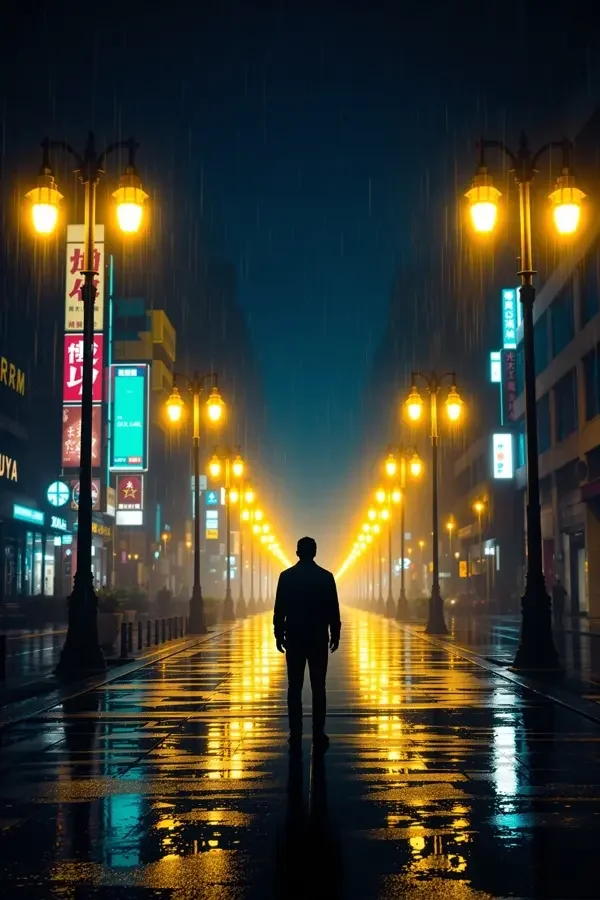 电影天堂场景示意：雨夜湿街上路灯成列，一人背向镜头站在路中