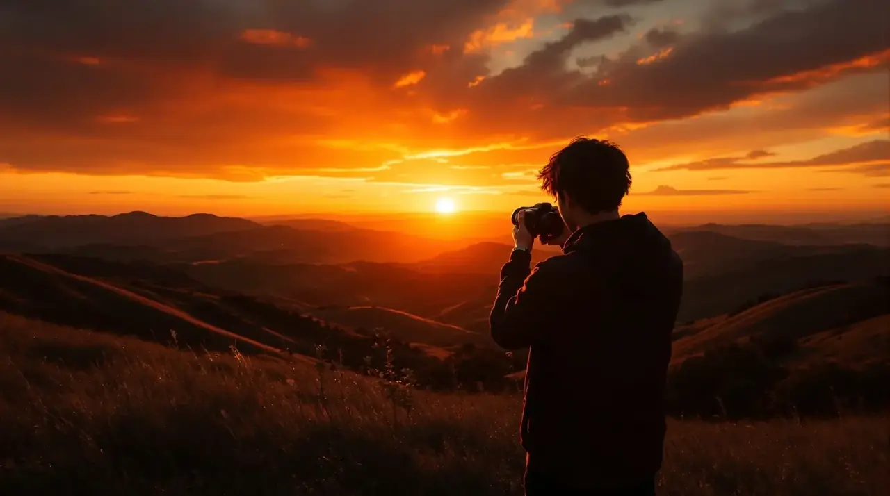 电影天堂场景示意：夕照丘陵前，一人举相机拍向落日